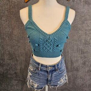 BaeVely Teal Blue Cable Knit Pom Pom Bobble Crop Top V-Neck Sleeveless Small
